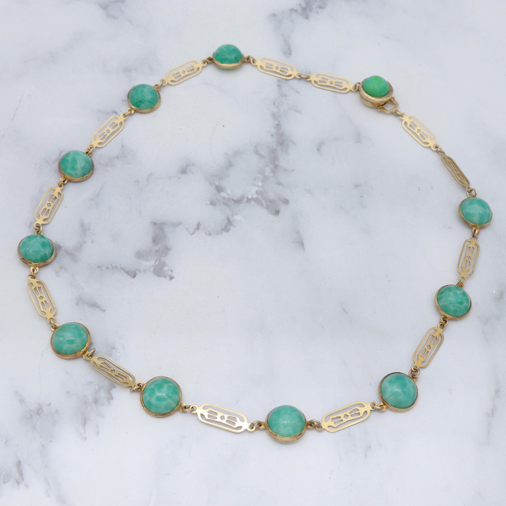 Antique art deco Chinese vermeil sterling tile link & peking glass cabochons necklace - 15"